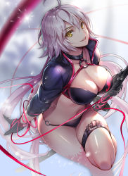 Rule 34 | 1girl, ahoge, bikini, black bikini, black gloves, black jacket, breasts, choker, cleavage, cropped jacket, fate/grand order, fate (series), gloves, highres, jacket, jeanne d&#039;arc alter (swimsuit berserker) (fate), jeanne d&#039;arc (fate), jeanne d&#039;arc alter (fate), jeanne d&#039;arc alter (swimsuit berserker) (fate), katana, large breasts, long hair, long sleeves, looking at viewer, navel, o-ring, o-ring bikini, open mouth, red ribbon, red thighhighs, ribbon, sheath, shrug (clothing), silver hair, single thighhigh, smile, solo, suishougensou, swimsuit, sword, thigh strap, thighhighs, thighs, very long hair, weapon, yellow eyes