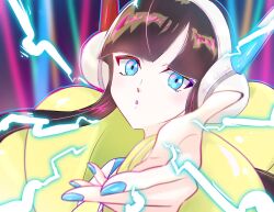 1girl :o artist_name black_hair blue_eyes blue_nails commentary_request creatures_(company) electricity elesa_(pokemon) game_freak headphones jacket nintendo open_mouth pokemon pokemon_bw2 pokepokekonpeki reaching reaching_towards_viewer solo twitter_username upper_body yellow_jacket