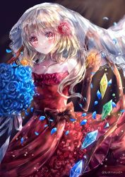 Rule 34 | blonde hair, blue flower, blue rose, blush, bouquet, breasts, bridal veil, brown background, brown gloves, brown sash, closed mouth, dress, flandre scarlet, flower, gloves, highres, medium hair, multicolored wings, red dress, red eyes, red flower, rose, small breasts, solo, suzushina, touhou, veil, wedding dress, wings
