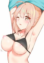 Rule 34 | 1girl, ahoge, areola slip, armpits, bad id, bad pixiv id, blonde hair, blush, breasts, c8oyk, derivative work, fate (series), koha-ace, large breasts, looking at viewer, motion lines, nipple slip, nipples, okita souji (fate), okita souji (koha-ace), one eye closed, parted lips, short hair, simple background, solo, undressing, white background, yellow eyes