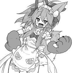 Rule 34 | 1girl, :3, animal ear fluff, animal ears, animal hands, apron, bell, blush, bow, breasts, cat hair ornament, cat paws, claws, collar, commentary, cowboy shot, fangs, fate/grand order, fate (series), fox ears, fox girl, fox tail, greyscale, hair between eyes, hair bow, hair ornament, hand on own hip, jingle bell, kusama takato, long hair, looking at viewer, maid headdress, monochrome, naked apron, neck bell, open mouth, paw print, ponytail, sidelocks, simple background, sleeveless, smile, solo, standing, tail, tamamo (fate), tamamo cat (fate), tamamo cat (third ascension) (fate), thighs
