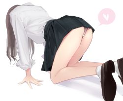 Rule 34 | 1girl, ama mitsuki, ass, black hair, brown footwear, brown hair, commentary, facing away, from behind, heart, long hair, original, panties, pantyshot, school uniform, shadow, shirt, shirt tucked in, shoes, socks, solo, symbol-only commentary, underwear, white background, white panties, white shirt, white socks