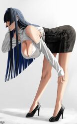 Rule 34 | 1girl, alternate costume, ass, bent over, black footwear, black hair, black skirt, blue eyes, blue hair, breasts, cleavage, cleavage cutout, closed mouth, clothing cutout, colored inner hair, commentary, dated, english commentary, from side, full body, grey background, hair intakes, hand on own knee, hanging breasts, high-waist skirt, high heels, highres, holocouncil, hololive, hololive english, large breasts, light blush, long hair, long sleeves, multicolored hair, ouro kronii, profile, pumps, shadow, shirt, shirt tucked in, shoulder cutout, sideways glance, signature, simple background, skirt, sleeves past wrists, smile, solo, standing, steb, turtleneck, turtleneck shirt, two-tone hair, very long hair, virtual youtuber, white shirt
