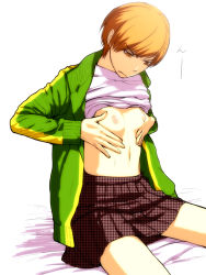 Rule 34 | 1girl, atlus, bad id, bad pixiv id, bed, breast conscious, breast hold, breasts squeezed together, breasts, brown hair, clothes lift, flat chest, frown, jacket, midriff, persona, persona 4, satonaka chie, shirt lift, short hair, sitting, skirt, small breasts, solo, unmoving pattern, yaumarisuke