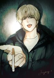 Rule 34 | 1boy, black eyes, black jacket, blonde hair, cigarette, ear piercing, earrings, fujoking bbu, hair between eyes, highres, holding, holding cigarette, jacket, jewelry, lee yoohan, looking at viewer, multiple earrings, official art, outstretched hand, payback, piercing, shadow, shirt, signature, smile, solo, tongue, tongue out, white shirt