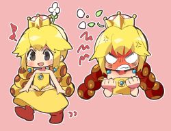 Rule 34 | 1girl, :d, anger vein, angry, bare arms, bare shoulders, blonde hair, blush, brooch, chibi, clenched hands, clenched teeth, crown, dress, earrings, flat chest, flower, grey eyes, highres, jewelry, long hair, mario (series), motion lines, musical note, new super mario bros. u deluxe, nintendo, no nose, open mouth, outline, pink background, red footwear, sanzui, smile, solo, strapless, strapless dress, super crown, teeth, twintails, walking, white flower, white outline, wiggler, yellow dress