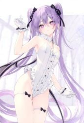 Rule 34 | 1girl, bare shoulders, closed mouth, gloves, heart, heart-shaped pupils, highres, long hair, original, purple eyes, purple hair, rurudo, solo, symbol-shaped pupils, thigh strap, twintails, white gloves, wings