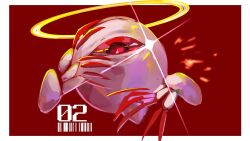 Rule 34 | akakiao tea, blood, border, character name, claws, colored sclera, commentary request, gleam, halo, kirby (series), nintendo, no humans, one-eyed, red background, red eyes, red sclera, solo, white border, white wings, wings, yellow halo, zero two (kirby)
