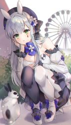 Rule 34 | 1girl, animal, animal ears, asymmetrical legwear, bare shoulders, beret, blush, breasts, cleavage, commentary, detached sleeves, dress, english commentary, ferris wheel, frills, girls&#039; frontline, green eyes, hand on own cheek, hand on own face, hat, high heels, highres, hk416 (girls&#039; frontline), hk416 (herbal-flavored hard candy) (girls&#039; frontline), large breasts, long hair, mismatched legwear, official alternate costume, open mouth, poho, puffy sleeves, rabbit, rabbit ears, silver hair, solo, squatting, strapless, strapless dress, teardrop tattoo, very long hair