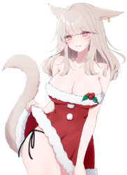 Rule 34 | 1girl, absurdres, animal ears, bare shoulders, blush, breasts, cat ears, cat girl, cat tail, christmas, cleavage, clothes lift, collarbone, commentary, cowboy shot, dress, dress lift, earrings, facial mark, final fantasy, final fantasy xiv, fur-trimmed dress, fur trim, highres, jewelry, large breasts, lifted by self, light brown hair, long hair, looking at viewer, miqo&#039;te, pink eyes, red dress, sana (sanamaru 0w0), simple background, single earring, smile, solo, strapless, strapless dress, tail, warrior of light (ff14), whisker markings, white background