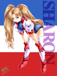 Rule 34 | 1girl, artist request, bent over, blue eyes, brown hair, flag, french flag, gloves, hand on own knee, jacket, leotard, looking at viewer, namco, numan athletics, sharon (numan athletics), signature, smile, thighhighs, twintails
