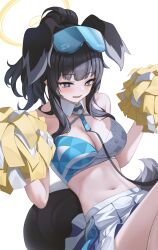 Rule 34 | 1girl, absurdres, animal ears, bare arms, bare shoulders, black choker, black hair, blue archive, blue eyes, breasts, bright pupils, cheerleader, choker, cleavage, collarbone, criss-cross halter, crop top, detached collar, dog ears, dog girl, dog tail, extra ears, g home, goggles, goggles on head, halo, halterneck, hands up, hibiki (blue archive), hibiki (cheer squad) (blue archive), highres, holding, holding pom poms, leash, long hair, looking at viewer, medium breasts, midriff, millennium cheerleader outfit (blue archive), miniskirt, navel, official alternate costume, open mouth, pleated skirt, pom pom (cheerleading), pom poms, ponytail, revealing clothes, shirt, sidelocks, sitting, skirt, sleeveless, sleeveless shirt, smile, solo, spaghetti strap, stomach, sweatdrop, tail, thighs, two-tone shirt, white shirt, white skirt