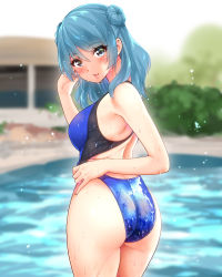 Rule 34 | 1girl, absurdres, ass, bare arms, bare shoulders, black one-piece swimsuit, blue eyes, blue hair, blue one-piece swimsuit, blurry, blush, breasts, building, bush, clothes pull, commentary request, competition swimsuit, cowboy shot, day, depth of field, double bun, from behind, hair bun, head tilt, highleg, highleg swimsuit, highres, kantai collection, large breasts, lips, long hair, looking at viewer, one-piece swimsuit, one-piece swimsuit pull, outdoors, parted lips, pool, sarfata, sidelocks, solo, swimsuit, thighs, twisted torso, urakaze (kancolle), water, wet, wet clothes, wet hair