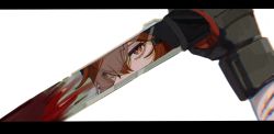 Rule 34 | 1girl, arknights, black gloves, blood, bloody weapon, crownslayer (arknights), gloves, highres, holding, holding sword, holding weapon, letterboxed, pov, red eyes, red hair, reflection, simple background, solo, sword, watanabe kawa, weapon, white background