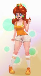 Rule 34 | 1girl, black-rayal, blue eyes, breasts, brown hair, cleavage, crown, earrings, freckles, full body, gradient background, highres, jewelry, legs, looking at viewer, mario (series), nintendo, princess daisy, shoes, shorts, sneakers, solo, super mario bros. 1, super mario land, tomboy