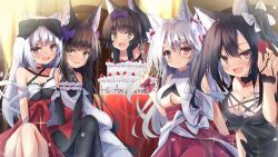 Rule 34 | 5girls, animal ear fluff, animal ears, anniversary, azur lane, bare shoulders, black bow, black dress, black gloves, black hair, black legwear, black ribbon, bow, breast press, breasts, cake, cream, dog ears, dog girl, dress, elbow gloves, eyelashes, fang, food, fox ears, fox girl, frilled dress, frills, fruit, gloves, hair ornament, hair ribbon, hands on own face, highres, holding, holding food, indoors, kantai collection, long hair, madotsukumo, meat, medium breasts, multiple girls, mutsu (azur lane), nagato (azur lane), official alternate costume, open mouth, pantyhose, party, red eyes, ribbon, shigure (azur lane), shigure (the ballroom&#039;s lucky star) (azur lane), short hair, side-by-side, sitting, skewer, sleeveless, sleeveless dress, small breasts, smile, standing, strawberry, table, tablecloth, thick eyebrows, thighs, underboob, wavy mouth, white hair, white ribbon, wolf ears, wolf girl, wrist cuffs, yellow eyes, yukikaze (kancolle), yuudachi (azur lane), yuudachi (carnivore carnival!) (azur lane)