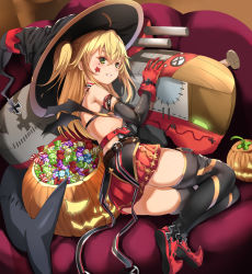 Rule 34 | 1girl, absurdres, admiral hipper (azur lane), ahoge, alternate costume, arm strap, azur lane, black thighhighs, blonde hair, blush, candy, choker, cross, elbow gloves, food, full body, gloves, green eyes, hair between eyes, halloween, hat, highres, iron cross, jack-o&#039;-lantern, long hair, looking at viewer, lying, mole, mole under eye, on side, open mouth, pumpkin, red footwear, red gloves, seriya, shoes, sidelocks, smile, solo, star (symbol), thighhighs, thighs, two side up, witch hat