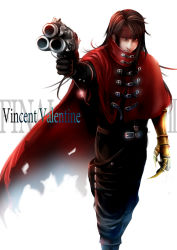Rule 34 | 00s, 1990s (style), 1boy, black hair, cape, character name, claws, final fantasy, final fantasy vii, final fantasy vii advent children, gun, headband, long hair, male focus, red cape, red eyes, solo, ten (k1208), vincent valentine, weapon