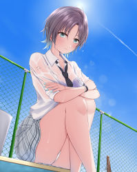 Rule 34 | 1girl, absurdres, antenna hair, asakura toru, black necktie, blue bra, blue eyes, blue skirt, blue sky, blush, bra, bra visible through clothes, bralines, bucket, chain-link fence, collarbone, crossed arms, day, feet out of frame, fence, highres, idolmaster, idolmaster shiny colors, initial, knees up, looking at viewer, loose necktie, moriyama a, multicolored hair, nail polish, necktie, outdoors, panties, pantyshot, parted bangs, plaid, plaid skirt, pleated skirt, poolside, school uniform, see-through, shirt, sitting, skirt, sky, sleeves rolled up, solo, sun, two-tone hair, underwear, wet, wet clothes, wet hair, wet shirt, white panties, white shirt, wristband