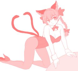 Rule 34 | 1girl, all fours, animal ears, bare shoulders, bell, blush, bow, braid, breasts, cat ears, cleavage, collar, detached collar, extra ears, full body, hair bow, hair ornament, heart, heart tail, high heels, isaki (gomi), kaenbyou rin, kittysuit, leotard, looking at viewer, monochrome, multiple tails, neck bell, nontraditional playboy bunny, pantyhose, playboy bunny, pointy ears, rabbit ears, solo, stiletto heels, tail, touhou, twin braids, two tails, wrist cuffs