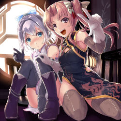 Rule 34 | 10s, 2girls, :d, ahoge, alternate costume, aqua eyes, bare shoulders, black gloves, black legwear, blue ribbon, blush, boots, breasts, brown eyes, brown hair, brown legwear, china dress, chinese clothes, collared dress, covering privates, covering crotch, day, detached sleeves, dress, elbow gloves, fox, gloves, hair between eyes, hair ornament, hair ribbon, hi-ho-, indoors, kagerou (kancolle), kantai collection, kneeling, lavender dress, lips, long hair, looking at viewer, medium breasts, multiple girls, neck ribbon, no panties, nose blush, open mouth, parted bangs, pink hair, ponytail, ribbon, shiranui (kancolle), short dress, short hair, short ponytail, shy, side slit, sidelocks, sitting, sleeveless, sleeveless dress, smile, tassel, teeth, thighhighs, thighs, twintails, v, w, white gloves, window