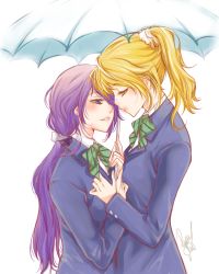 Rule 34 | 10s, 2girls, absurdres, ayase eli, blazer, blonde hair, bow, bowtie, couple, face-to-face, green bow, green bowtie, hair ornament, highres, holding, holding umbrella, imminent kiss, jacket, long hair, looking at another, love live!, love live! school idol project, multiple girls, parted lips, ponytail, purple hair, ratana satis, school uniform, scrunchie, shared umbrella, signature, striped bow, striped bowtie, striped clothes, striped neckwear, tojo nozomi, umbrella, uniform, upper body, yuri