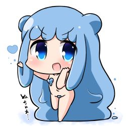 Rule 34 | 1girl, :d, absurdly long hair, barefoot, blue eyes, blue hair, blush, chibi, commentary request, convenient censoring, double bun, full body, hair bun, half slime-chan, hana kazari, hand in own hair, hand on own cheek, hand on own face, heart, long hair, looking at viewer, monster girl, navel, nude, open mouth, original, slime girl, smile, standing, standing on one leg, v-shaped eyebrows, very long hair, white background