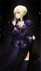 Rule 34 | 1girl, artoria pendragon (all), artoria pendragon (fate), blonde hair, blue dress, braid, breasts, cleavage, clothes lift, dress, dress lift, fate/stay night, fate (series), highres, leris muma, looking at viewer, medium breasts, saber (fate), saber alter, sidelocks, skirt hold, solo, thighhighs, wide sleeves, yellow eyes