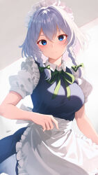 Rule 34 | 1girl, apron, blue dress, blue eyes, blush, braid, breasts, closed mouth, commentary request, cowboy shot, dress, expressionless, green ribbon, grey hair, highres, izayoi sakuya, looking at viewer, medium breasts, puffy short sleeves, puffy sleeves, ribbon, selerio3, short hair with long locks, short sleeves, sidelighting, solo, touhou, twin braids, waist apron