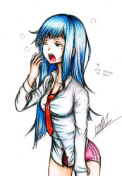 Rule 34 | 10s, 1girl, blue eyes, blue hair, highres, isaki tanaka, long hair, mages., matching hair/eyes, mole, mole under eye, neptune (series), one eye closed, open mouth, solo, tears, traditional media, yawning