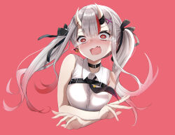 Rule 34 | 1girl, absurdres, bare arms, bare shoulders, black collar, black necktie, blue ribbon, chest belt, collar, cropped torso, crying, crying aqua (meme), crying with eyes open, double-parted bangs, gradient hair, grey hair, hair ornament, hair ribbon, hairclip, highres, hololive, horns, long hair, meme, multicolored hair, nakiri ayame, nakiri ayame (streetwear), necktie, open mouth, red background, red eyes, red hair, ribbon, shirt, sidelocks, simple background, skin-covered horns, sleeveless, sleeveless shirt, solo, streaked hair, surprised, tearing up, tears, terra bose, twintails, upper body, virtual youtuber, wavy mouth, white sleeves, x hair ornament