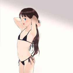Rule 34 | 1girl, :d, armpits, arms behind head, bare arms, bare shoulders, bikini, black bikini, blue eyes, brown hair, commentary request, flat chest, groin, hands up, highres, long hair, low ponytail, mayafufu, navel, open mouth, original, ponytail, side-tie bikini bottom, smile, solo, standing, swimsuit, teeth, upper teeth only, very long hair