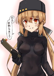 Rule 34 | 1girl, absurdres, black bow, black gloves, black hat, black sweater, bow, breasts, brown eyes, brown hair, clipboard, commentary request, fingerless gloves, fur hat, gloves, hair bow, hat, highres, kantai collection, long hair, looking at viewer, low twintails, medium breasts, papakha, parted lips, shiba (zudha), solo, star (symbol), sweater, tashkent (kancolle), translation request, twintails, upper body