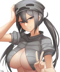 Rule 34 | 1girl, arm up, breasts, cleavage, grey eyes, grey hair, grin, highres, large breasts, long hair, looking at viewer, low twintails, minecraft, nyxkz, parted lips, personification, short sleeves, skeleton (minecraft), smile, solo, twintails, v