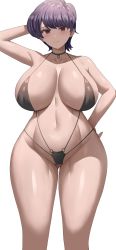 Rule 34 | 1girl, absurdres, arm up, bare shoulders, bikini, black bikini, blush, breasts, choker, closed mouth, collarbone, commentary, curvy, gluteal fold, groin, hand on own hip, highleg, highleg bikini, highres, huge breasts, jasony, komi-san wa komyushou desu, komi shuuko, large breasts, light smile, linea alba, looking at viewer, mature female, o-ring, purple eyes, purple hair, short hair, simple background, smile, solo, standing, swimsuit, thick thighs, thighs, white background, wide hips