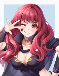 Rule 34 | 1girl, ;), black cape, breasts, cape, choker, cleavage, commentary, facial mark, fire emblem, fire emblem engage, hair ornament, hand up, large breasts, long hair, looking at viewer, nintendo, one eye closed, orange eyes, purple choker, red hair, short sleeves, smile, solo, star (symbol), star hair ornament, ten (tenchan man), upper body, w, yunaka (fire emblem)