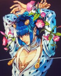 Rule 34 | 1boy, aokamei, arms up, black background, blue eyes, blue hair, blunt bangs, bruno bucciarati, closed mouth, fingernails, highres, jacket, jojo no kimyou na bouken, lips, long sleeves, male focus, pectoral cleavage, pectorals, resized, short hair, upscaled, white jacket, zipper pull tab