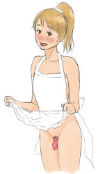 Rule 34 | 1boy, blonde hair, blush, brown eyes, chastity cage, clothes lift, crossdressing, dress, dress lift, highres, lifting own clothes, long hair, male focus, no panties, open mouth, original, penis, ponytail, solo, t1982, trap, white background, white dress