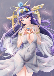 Rule 34 | absurdres, armlet, blue eyes, blush, breasts, cleavage, covered erect nipples, egyptian, faicha, hair ornament, hair tubes, hairband, head tilt, heart, heart hands, highres, isis (p&amp;d), large breasts, long hair, looking at viewer, purple hair, puzzle &amp; dragons, see-through, smile, solo