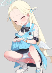 Rule 34 | 1girl, apron, ass, blonde hair, blue archive, blush, censored, closed eyes, forehead, grey background, halo, highres, long hair, mishima hiroji, mosaic censoring, open mouth, panties, panty pull, pee, peeing, pussy, simple background, skirt, socks, solo, sora (blue archive), spread legs, squatting, sweat, underwear, very long hair, white background, white panties