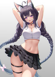 Rule 34 | 1girl, :d, absurdres, ahoge, animal ear fluff, animal ears, armpits, arms up, black choker, black hair, black skirt, blouse, bow, braid, breasts, chinese commentary, chitu hefeng zhong, choker, cleavage, collarbone, commentary, commentary request, cowboy shot, fox ears, fox girl, gradient background, grey background, hair bow, hair ornament, highres, large breasts, long hair, midriff, miniskirt, navel, open mouth, original, parted lips, pink bow, purple eyes, shirt, short sleeves, simple background, skirt, smile, solo, thigh strap, thighs, twin braids, white shirt