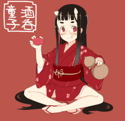 Rule 34 | 1girl, :q, alcohol, black hair, blush, crossed legs, cup, demon girl, feet, glasses, gourd, hime cut, horns, indian style, japanese clothes, kimono, long hair, oni, original, oza watto, red background, red eyes, sakazuki, sake, sandals, short eyebrows, sidelocks, sitting, solo, tongue, tongue out, very long hair, zouri