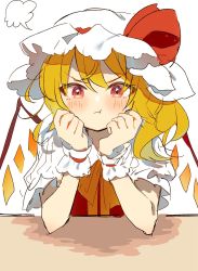 Rule 34 | 1girl, ascot, blonde hair, blush, crystal, flandre scarlet, hands on own face, hat, highres, looking at viewer, mob cap, one side up, pout, red eyes, red vest, scrunchie, short sleeves, side ponytail, solo, tamagogayu1998, touhou, vest, white background, wings, yellow ascot