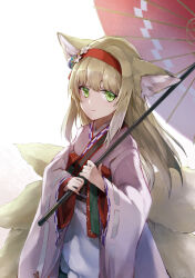 Rule 34 | 1girl, absurdres, animal ear fluff, animal ears, apron, arknights, blonde hair, closed mouth, colored tips, commentary request, e-bushi, flower, fox ears, fox girl, fox tail, green eyes, hair flower, hair ornament, hairband, highres, holding, holding umbrella, japanese clothes, kimono, kitsune, kyuubi, long sleeves, looking at viewer, multicolored hair, multiple tails, obi, official alternate costume, oil-paper umbrella, pink kimono, red hairband, red umbrella, sash, smile, solo, suzuran (arknights), suzuran (yukibare) (arknights), tail, two-tone hair, umbrella, upper body, waist apron, white apron, white hair, wide sleeves