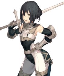 Rule 34 | 1girl, armor, belt, belt buckle, black hair, blush, buckle, eyebrows hidden by hair, grey eyes, hand on own hip, holding, holding weapon, km yama, open mouth, original, short hair, sketch, solo, sword, vambraces, weapon, white background