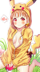 Rule 34 | 10s, 1girl, :3, ahoge, barefoot, blush, bow, braid, breasts, cleavage, closed mouth, grass, hair bow, heart, highres, hood, hoodie, looking at viewer, love live!, love live! sunshine!!, medium breasts, mizukoshi (marumi), no bra, open clothes, open hoodie, orange hair, pikachu hood, plant, poke ball, poke ball (basic), red eyes, short hair, simple background, sitting, smile, solo, spoken heart, takami chika, unzipped, wariza, white background, yellow bow
