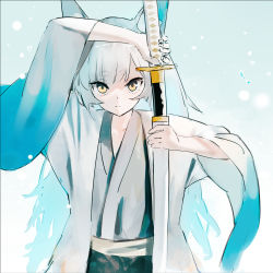 Rule 34 | 1girl, animal ears, aqua hair, closed mouth, commentary request, drawing sword, fishofthelakes, highres, holding, holding sheath, holding sword, holding weapon, japanese clothes, katana, long hair, looking at viewer, multicolored hair, original, sheath, simple background, solo, sword, unsheathing, upper body, very long hair, weapon, white hair, wide sleeves, yellow eyes