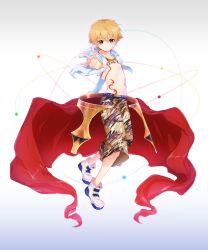 Rule 34 | 1boy, absurdres, bare pectorals, blonde hair, blue background, chain, chest tattoo, child gilgamesh (fate), closed mouth, expressionless, fate/grand order, fate/hollow ataraxia, fate (series), full body, gilgamesh (fate), gradient background, grey background, highres, looking at viewer, male focus, mizukiraimu, open clothes, open shirt, outstretched hand, pectorals, red eyes, shirt, shoes, shorts, simple background, solo, standing, tattoo, white background, white shirt