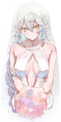 Rule 34 | 1girl, bad id, bad twitter id, bare shoulders, bouquet, braid, braided ponytail, breasts, bridal veil, closed mouth, collarbone, dress, e sky rugo, flower, gepard m1 (exciting future) (girls&#039; frontline), gepard m1 (girls&#039; frontline), girls&#039; frontline, highres, holding, holding bouquet, holding flower, jewelry, long hair, looking at viewer, medium breasts, official alternate costume, ring, silver hair, solo, veil, wedding band, wedding dress, white background, white dress, yellow eyes