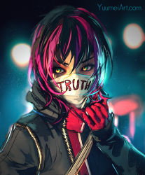 Rule 34 | 1girl, artist name, bag, blurry, blurry background, comic, commentary, covered mouth, depth of field, fisheye placebo, gloves, green eyes, hair between eyes, hand up, highres, hood, hood down, hoodie, long sleeves, mask, mouth mask, multicolored eyes, pink hair, red gloves, short hair, shoulder bag, sleeves past wrists, solo, upper body, watermark, web address, yellow eyes, yuumei